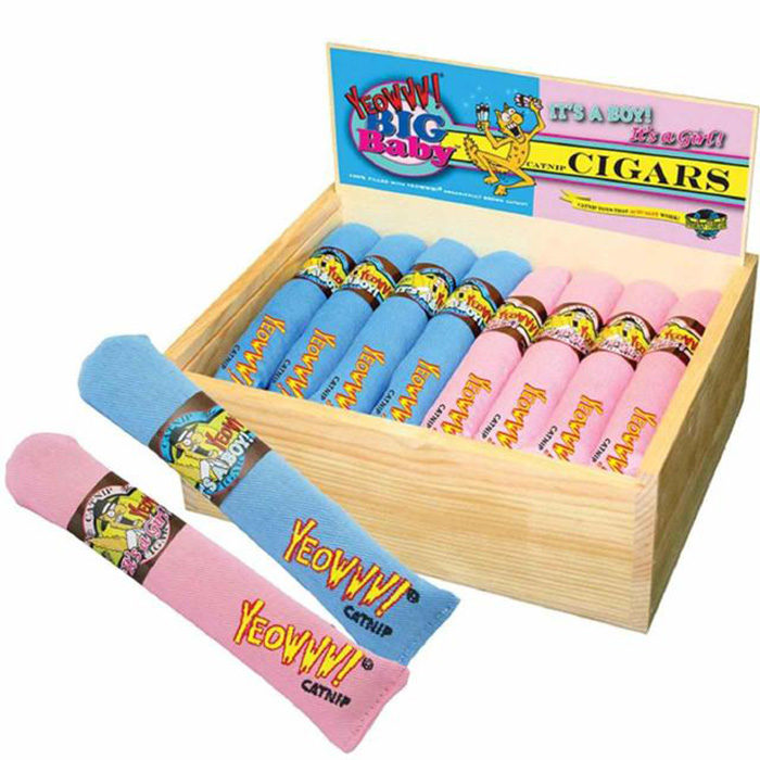 Yeowww! 24 Cigars with Birch Wood Box Catnip Cat Toy, Pink/Blue - Image 1