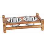 Advance Pet Product Log Cabin Wooden Double Diner & Stainless Steel Dog Bowls