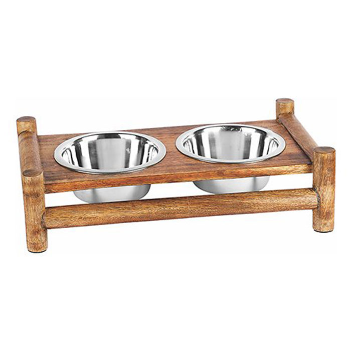 Advance Pet Product Log Cabin Wooden Double Diner & Stainless Steel Dog Bowls - Image 1